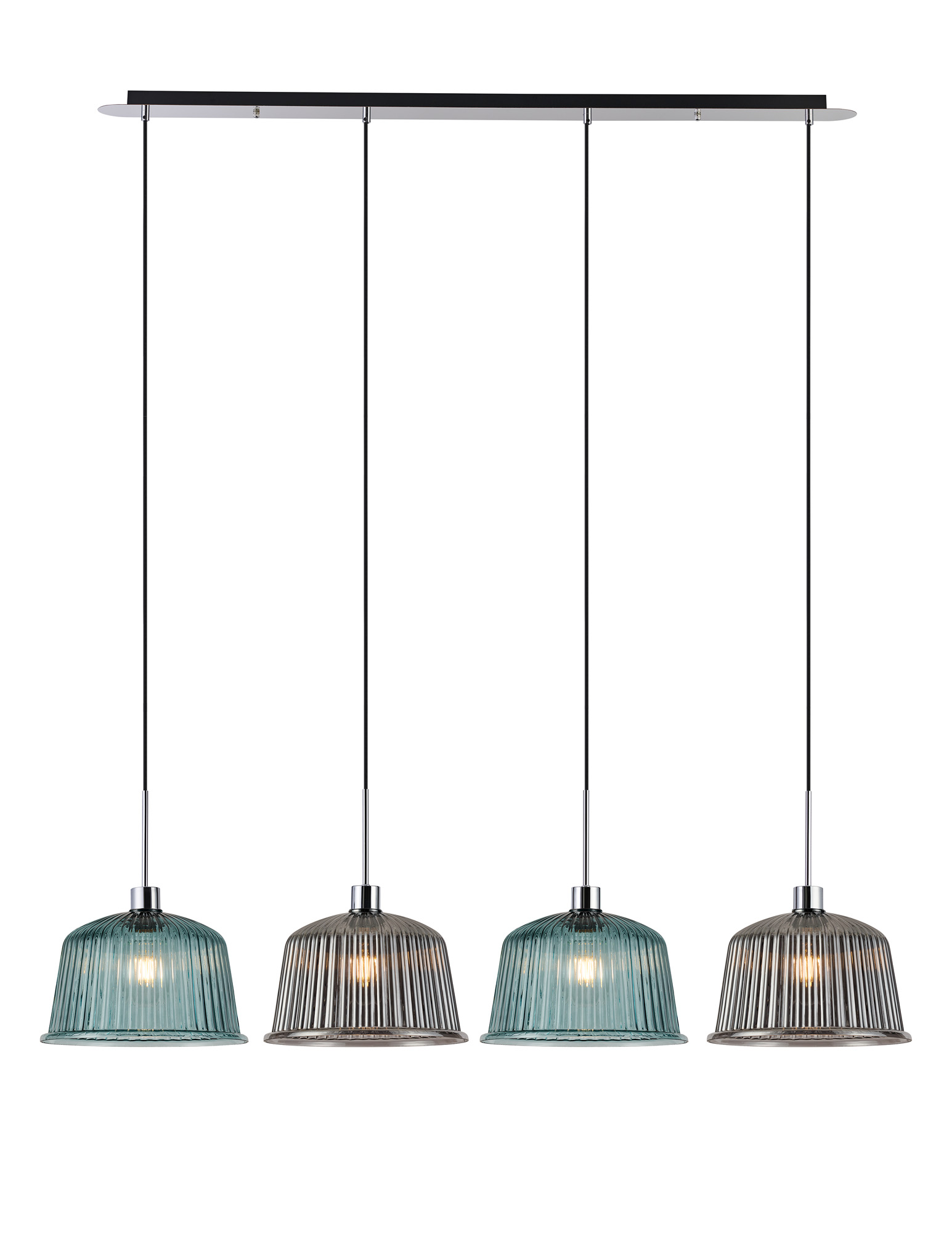 DK1329  Lori Linear Pendant, 4 Light Adjustable E27, Polished Chrome/Petrol Blue/Smoke Ribbed Dome Shades